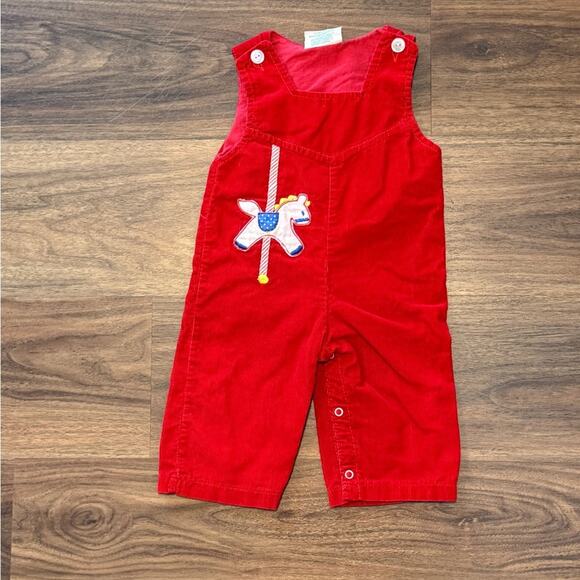 Tiny Tots Overalls Baby 12M Red Corduroy Carousel Horse Vintage Retro Cute - Picture 1 of 4